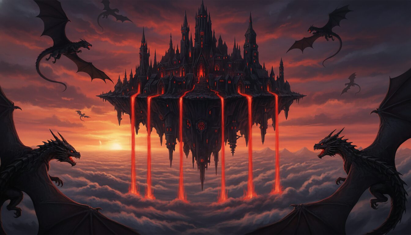 Floating Fantasy Kingdom Prompt: Generate Epic Sky Cities with Dragons example 1