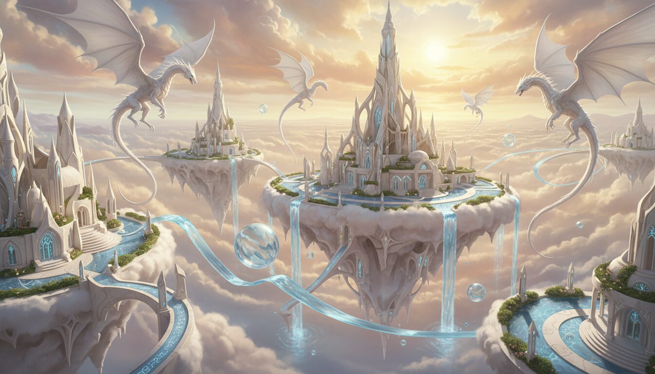 Floating Fantasy Kingdom Prompt: Generate Epic Sky Cities with Dragons example 2
