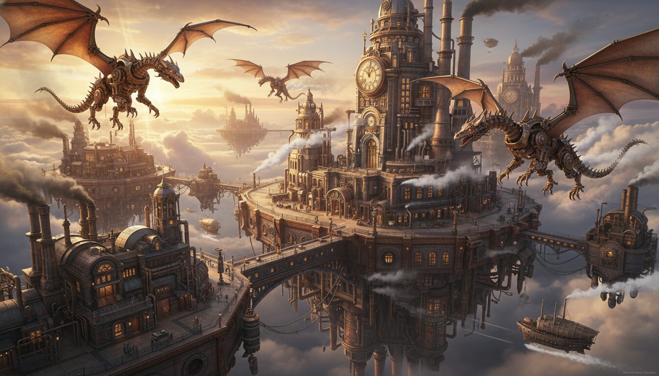 Floating Fantasy Kingdom Prompt: Generate Epic Sky Cities with Dragons example 3