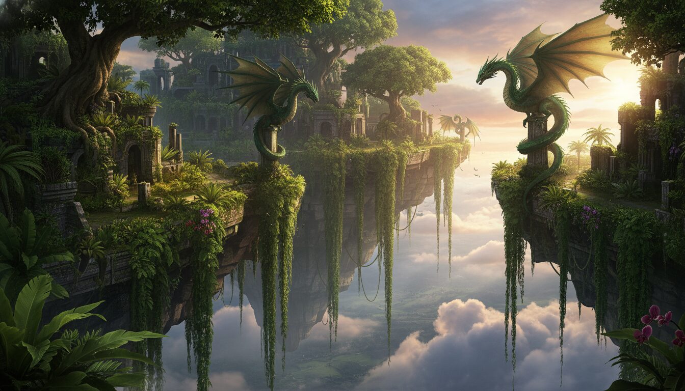 Floating Fantasy Kingdom Prompt: Generate Epic Sky Cities with Dragons example 5