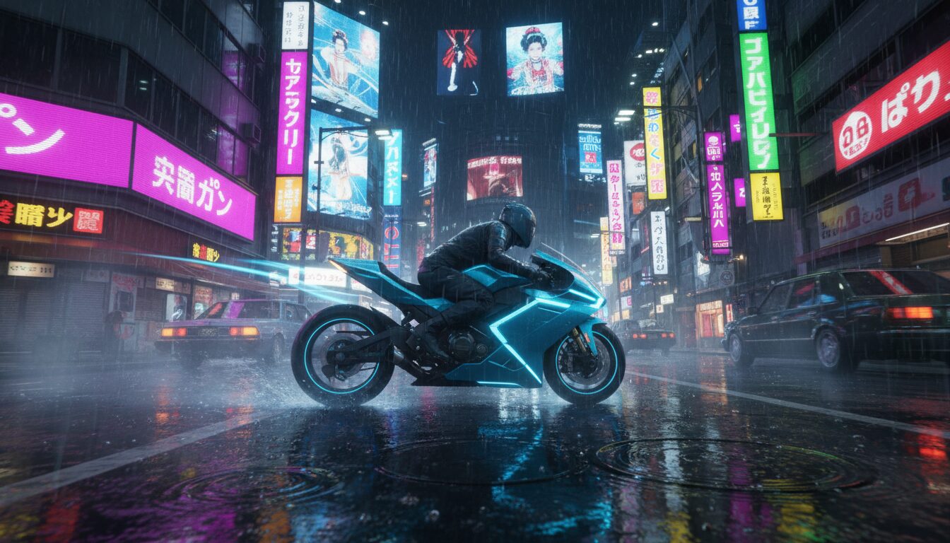Neon Motorcycle Chase: Ultimate AI Prompts for Cyberpunk Action example 1