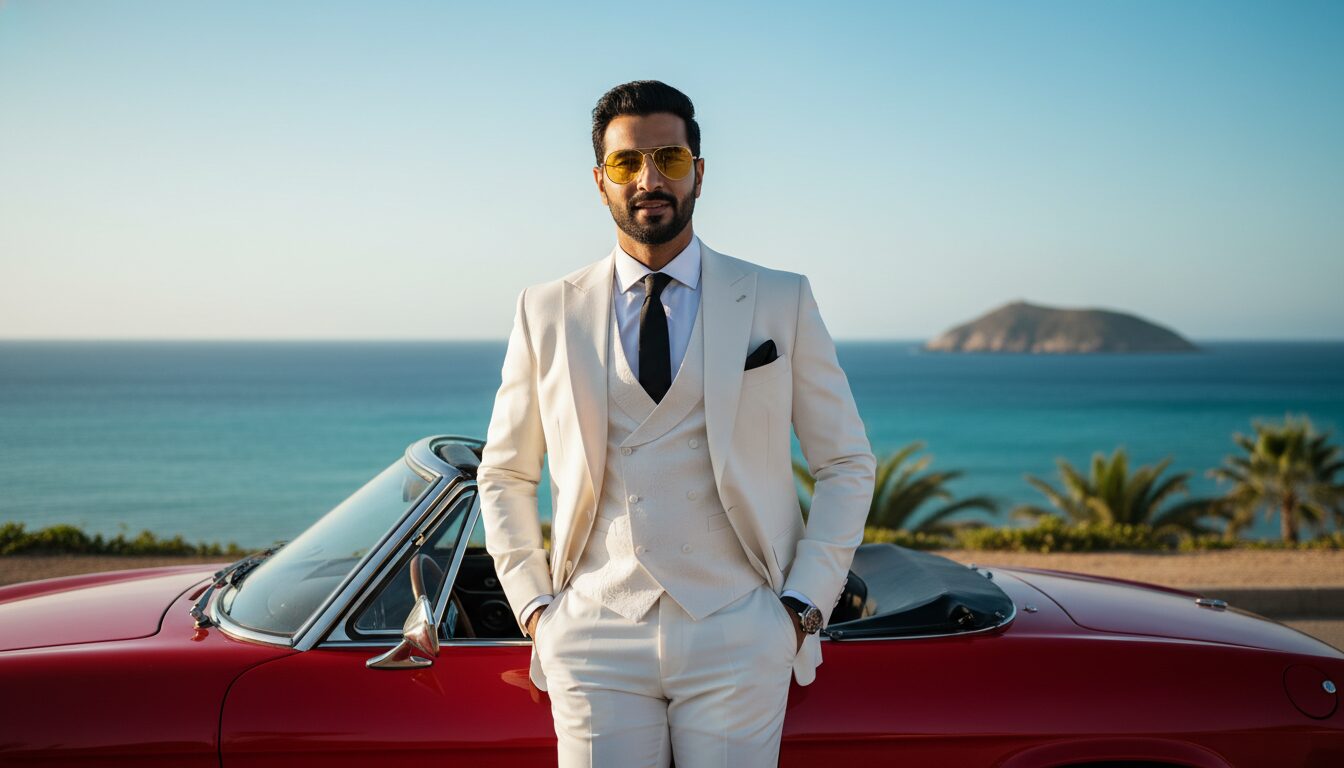 Photorealistic South Indian Man Portrait Prompt: Luxury Coastal Lifestyle example 1
