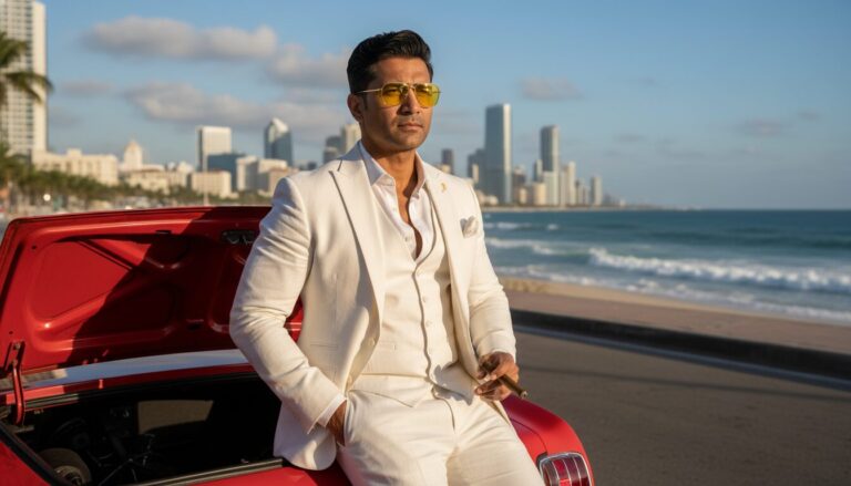 Photorealistic South Indian Man Portrait Prompt: Luxury Coastal Lifestyle